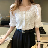 Fashionkova Vintage Hook Hollow Flower Tops Elegant Lace Shirt Elegant Women Clothes Summer Square Collar Short Sleeve Blouse Blusas 13934