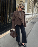 Fashionkova  Nye Outfit Double Breasted Long Sleeved Lapel Women's Woolen Coats Casual Solid Color Pocket Short Jacket Lady Commuting Autumn Streetwears
