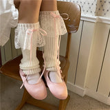 Fashionkova  Nye Outfit Japanese JK Lolita Girls Bow Streamer Leg Socks Knitted Lace Leg Cover Pile Socks Japanese Y2K Leg Warmers Accessories