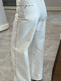 Fashionkova Street Bead White Jean Women Chic Baggy Wide Leg Straight Pocket Zipper Denim Long Pants 2025 Spring Casual Commute Lady Trouser