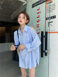 Fashionkova Off Shoulder Blue Striped Long Sleeve Women Chemise Femme Chic High Street Blouse Oversize Hollow Out Shirts Turn Down Collar Valentine's Day Aesthetic