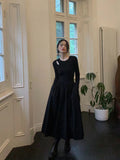 Fashionkova party look inspos Vintage Hollow Out Black Dress Women Autumn Elegant Hepburn Style O Neck Midi Dress Y2K Harajuku Korean Splicing A Line Dress