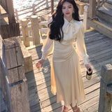 Fashionkova  party look inspos Elegant Stain Midi Dresses for Women Long Sleeve O-neck Bow Tie A-line Korean Fashion Chic Vestidos Folded Design Party Prom