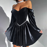 Fashionkova Elegant Velvet Short Party Dresses Women Off Shoulder Long Sleeve Bandage Mini Dress 2025 Spring Lady Christmas Evening Robes Valentine's Day Aesthetic