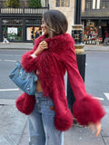 Fashionkova party look inspos Chic Spliced Faux Fur Coat For Women Lapel Full Sleeve Jacket Red Reffled Solid Vintage Warm Coat New Lady Winter Streetwears