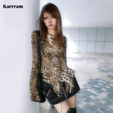 Fashionkova Japanese Y2k Leopard Print Shirt Vintage Harajuku Ruffled Blouses Grunge Aesthetics V-neck Irregular Shirt Trashy 90s Spring Style 2025