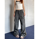 Fashionkova party outfit  Gray Baggy Straight Jeans Women Korean Fashion Streetwear High Waist Wide Leg Denim Pants Female Loose Mopping Jean Trouser Y2K