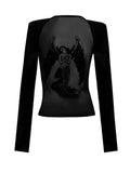 Fashionkova Autumn Women Vintage Gothic Harajuku Graphic Gauze O-Neck T-Shirts See Through Tees Cyber Long Sleeve Crop Tops Gyaru Y2k Grunge