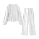 Fashionkova party look inspos Fashion Solid Long Pant Set for Women Casual O Neck Long Puff Sleeve Pullover Wide Leg Trousers Suit Female Commuter 2Pcs Outfit