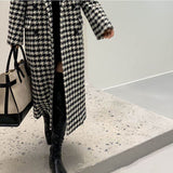 Fashionkova party look inspos Fashion Houndstooth Faux Wool Jacket Women Autumn Korean Elegant Single Breasted Long Overcoat Winter Thick Warm Blend Outwear