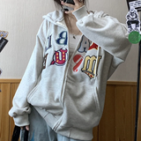 Fashionkova Aesthetic Embroidery Letters Zip Up Hoodie