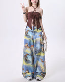 Fashionkova Angel Cat Print Wide-Leg Pants