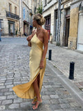 Fashionkova Moonlight Open Back Satin Slit Long Dress