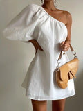 Fashionkova Aegean Cotton Linen One Sleeve Short Dress