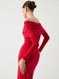 Fashionkova Overfold Off-Shoulder Mesh Long Sleeve Long Dress