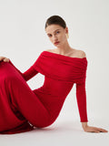 Fashionkova Overfold Off-Shoulder Mesh Long Sleeve Long Dress