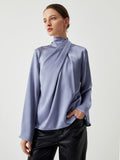 Fashionkova Asymmetric Pleated Turtleneck Satin Blouse