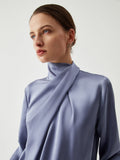 Fashionkova Asymmetric Pleated Turtleneck Satin Blouse