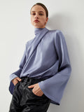 Fashionkova Asymmetric Pleated Turtleneck Satin Blouse