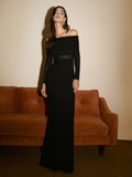 Fashionkova Overfold Off-Shoulder Mesh Long Sleeve Long Dress