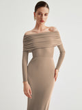 Fashionkova Overfold Off-Shoulder Mesh Long Sleeve Long Dress