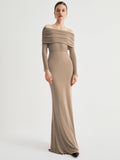Fashionkova Overfold Off-Shoulder Mesh Long Sleeve Long Dress