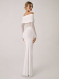 Fashionkova Overfold Off-Shoulder Mesh Long Sleeve Long Dress