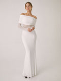 Fashionkova Overfold Off-Shoulder Mesh Long Sleeve Long Dress