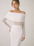 Fashionkova Overfold Off-Shoulder Mesh Long Sleeve Long Dress