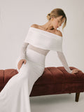 Fashionkova Overfold Off-Shoulder Mesh Long Sleeve Long Dress
