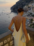 Fashionkova Backless Vacation Satin Long Dress