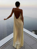 Fashionkova Backless Vacation Satin Long Dress