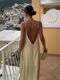 Fashionkova Backless Vacation Satin Long Dress