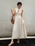 Fashionkova Cotton & Linen Pleated Cutout Long Dress