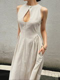 Fashionkova Cotton & Linen Pleated Cutout Long Dress