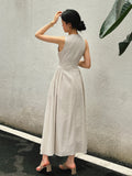 Fashionkova Cotton & Linen Pleated Cutout Long Dress