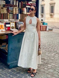 Fashionkova Cotton & Linen Pleated Cutout Long Dress