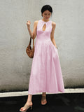 Fashionkova Cotton & Linen Pleated Cutout Long Dress