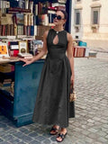 Fashionkova Cotton & Linen Pleated Cutout Long Dress
