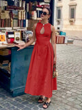 Fashionkova Cotton & Linen Pleated Cutout Long Dress