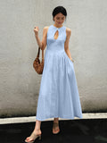Fashionkova Cotton & Linen Pleated Cutout Long Dress