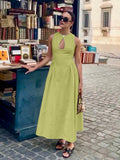 Fashionkova Cotton & Linen Pleated Cutout Long Dress