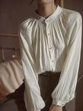 Fashionkova Pleated Collar Pearl Button Shirt