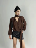 Fashionkova Pleated V-Neck Shirt With Scarf