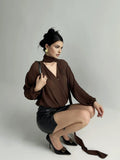 Fashionkova Pleated V-Neck Shirt With Scarf