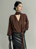 Fashionkova Pleated V-Neck Shirt With Scarf