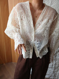 Fashionkova V-Neck Button Floral Sheer Shirt