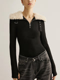 Fashionkova Fuzzy Collar Belt-Design Zipper Blouse