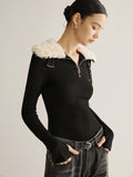 Fashionkova Fuzzy Collar Belt-Design Zipper Blouse