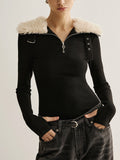 Fashionkova Fuzzy Collar Belt-Design Zipper Blouse